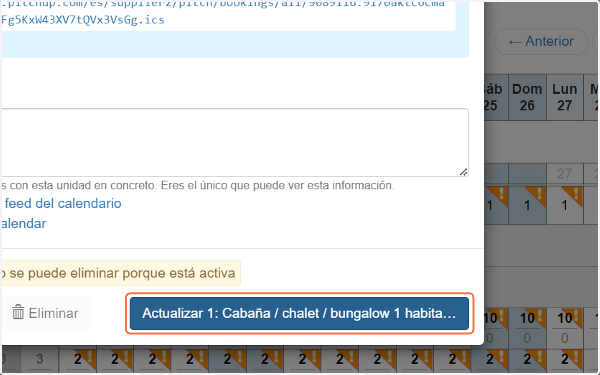 Haz clic en el botón «Actualizar». Se empezarán a recopilar tus iCals y a mostrar las reservas externas en gris en la tabla de disponibilidad.