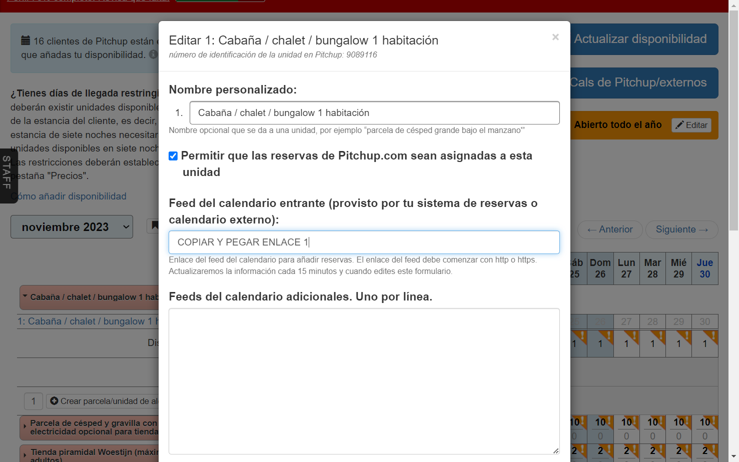 Copia y pega el enlace iCal en la casilla «Feed del calendario entrante».