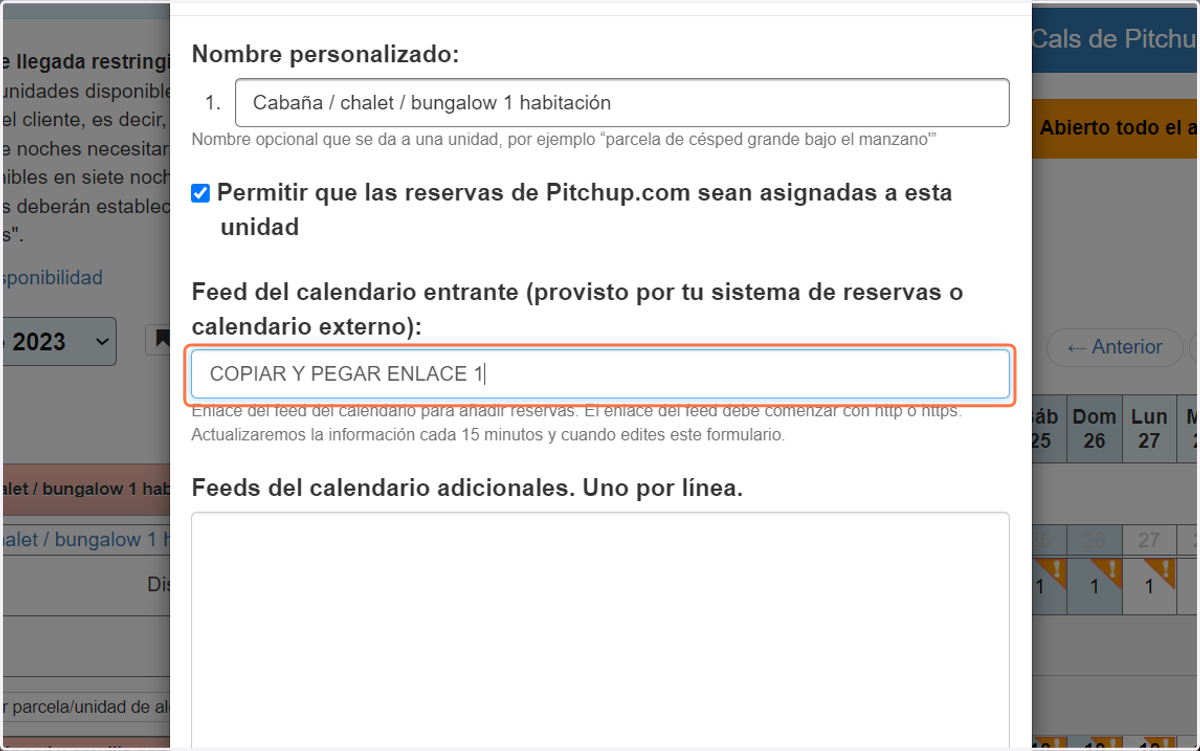 Copia y pega el enlace iCal en la casilla «Feed del calendario entrante».