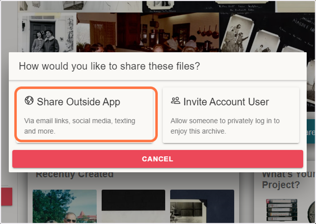 Choose between 'Share Outside App' or 'Invite Account User'