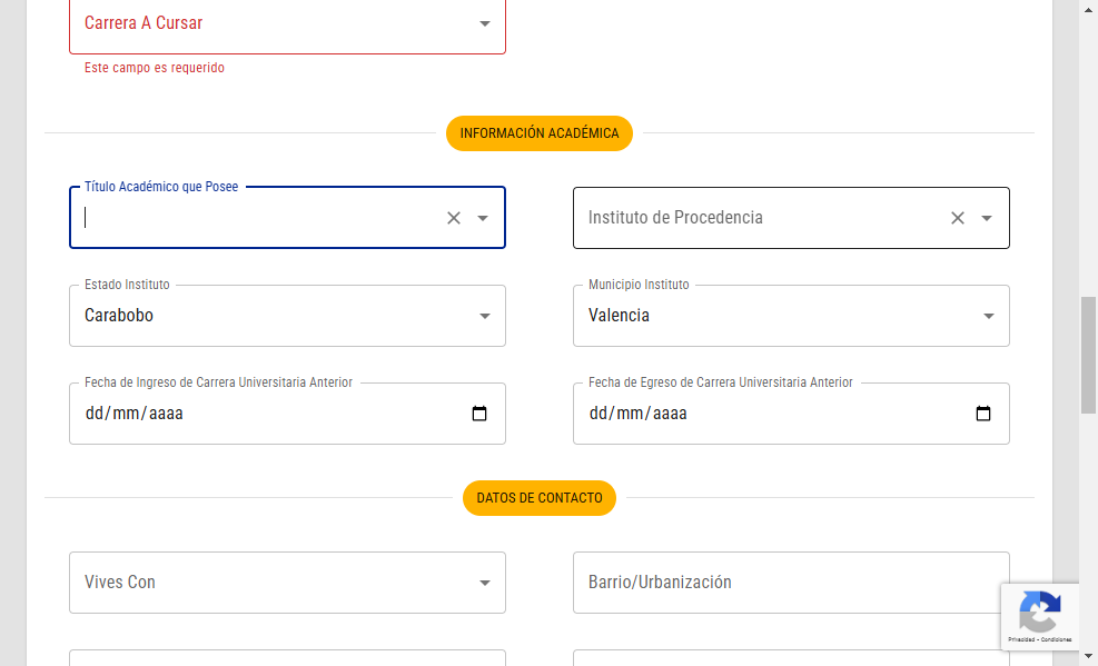 Click on Instituto de Procedencia