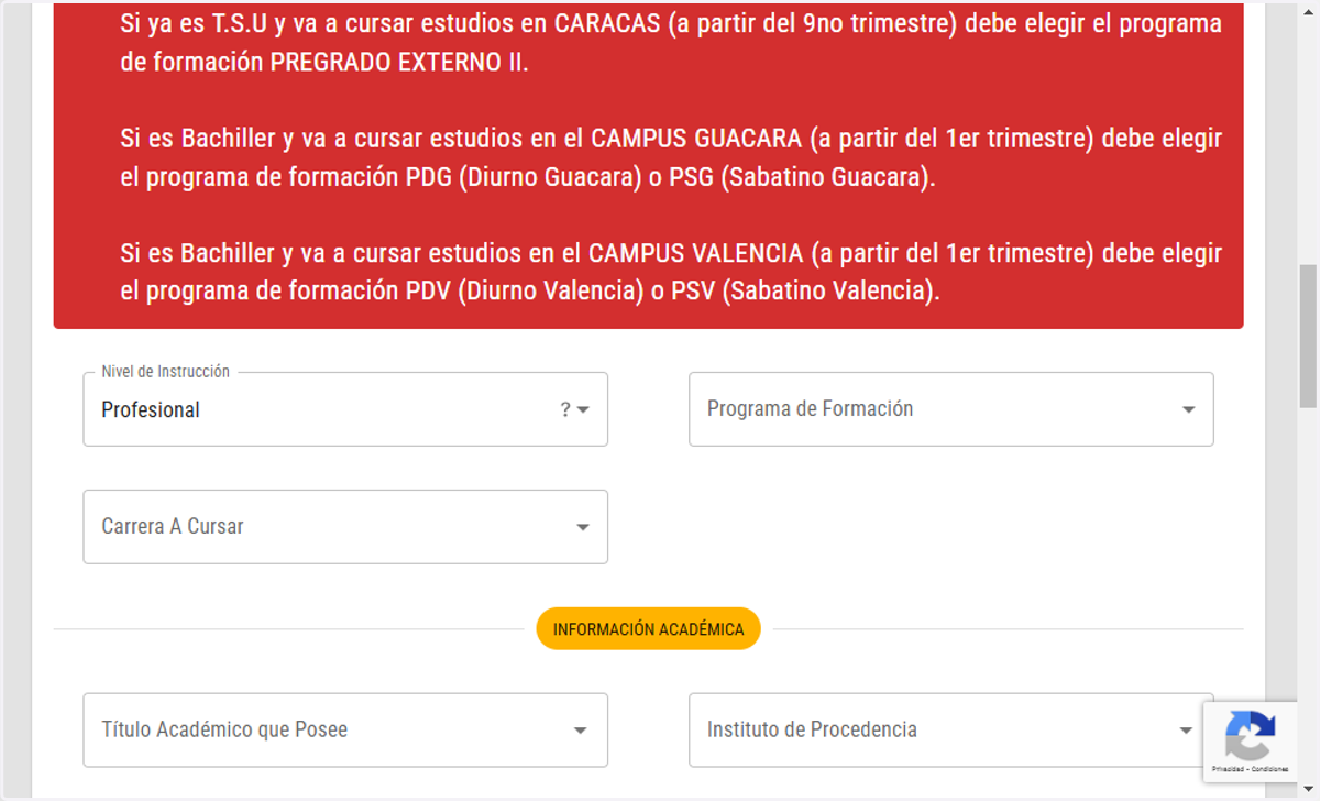 Incluye tu Nivel de Instrucción, Programa de Formación y Carrera a Cursar