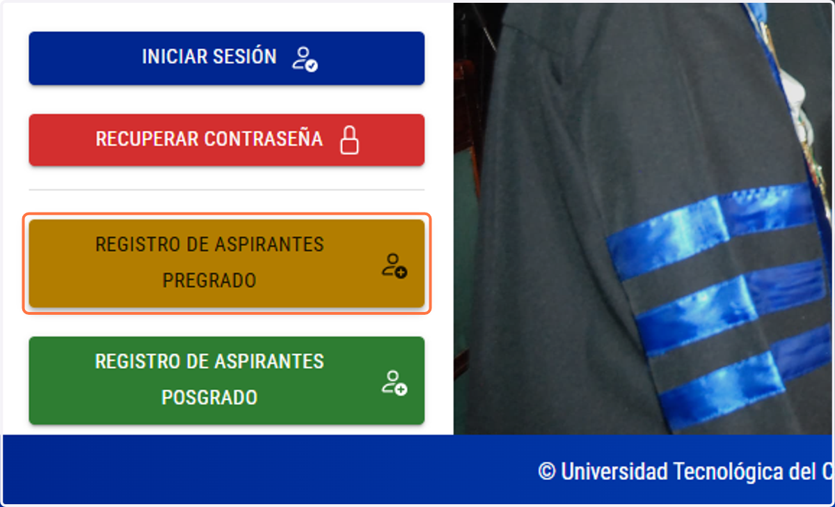 Haz click en el botón REGISTRO DE ASPIRANTES PREGRADO