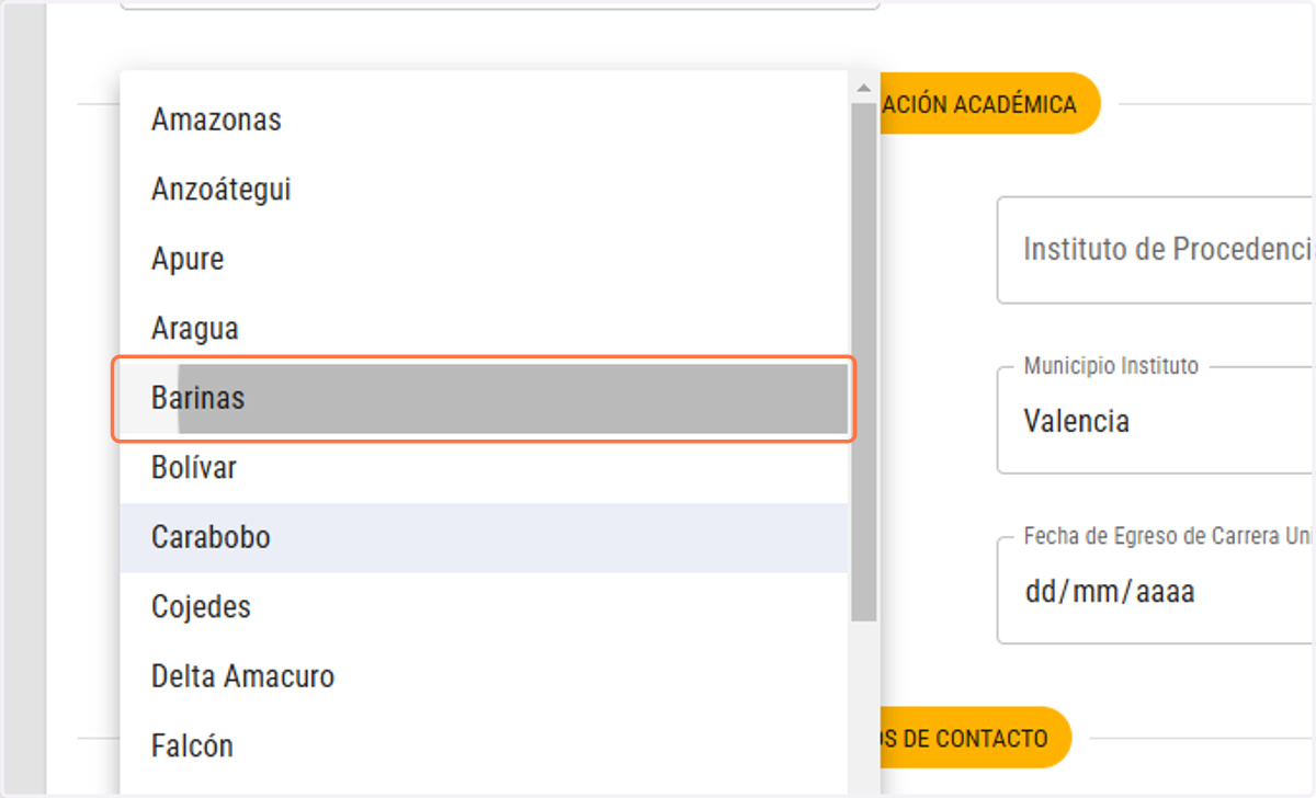 Haz click en el estado en donde se encuentra tu instituto de egreso
