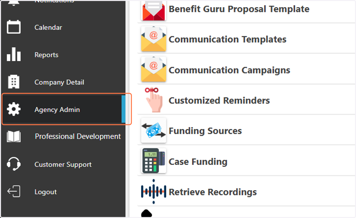 Click on "Agency Admin" tab