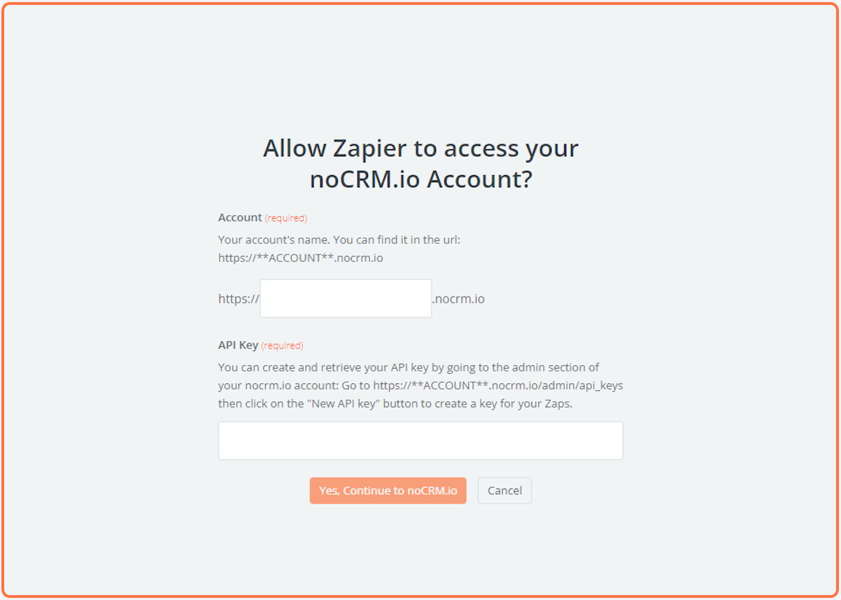 A new window will open allowing you to enter your Account's name and API Key