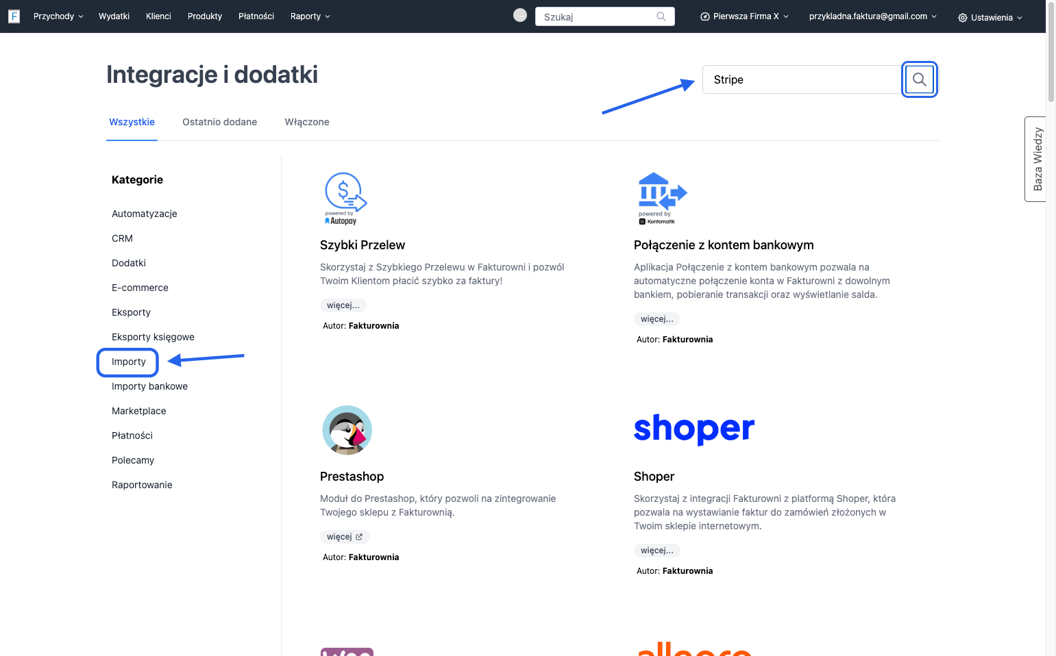 przejdź do > Importy i wpisz w pole wyszukiwarki: Stripe