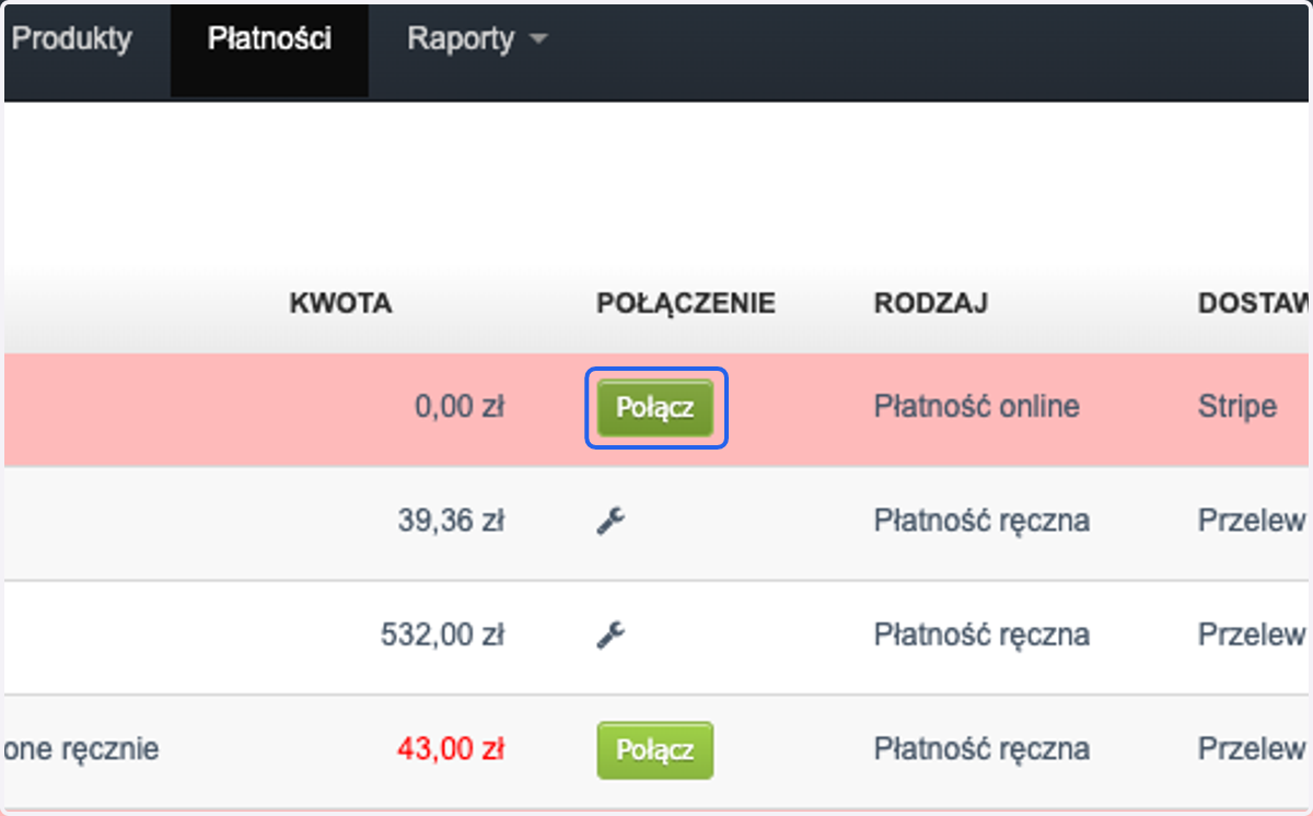Jeśli dana płatność jest nie połączona z fakturą to wybierz > Połącz i wskaż fakturę w oknie, które się pojawi na ekranie.