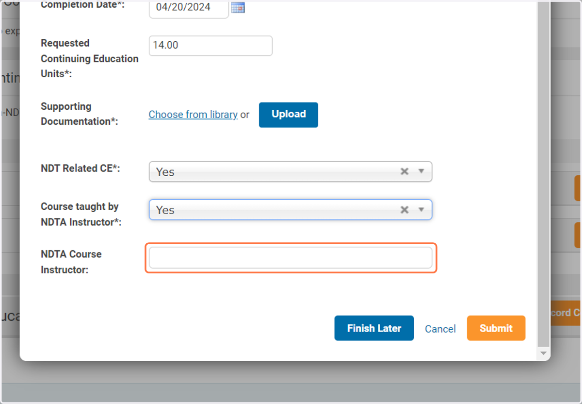 Please indicate Yes or No for NDT Related CE and Course taught by NDTA Instructor