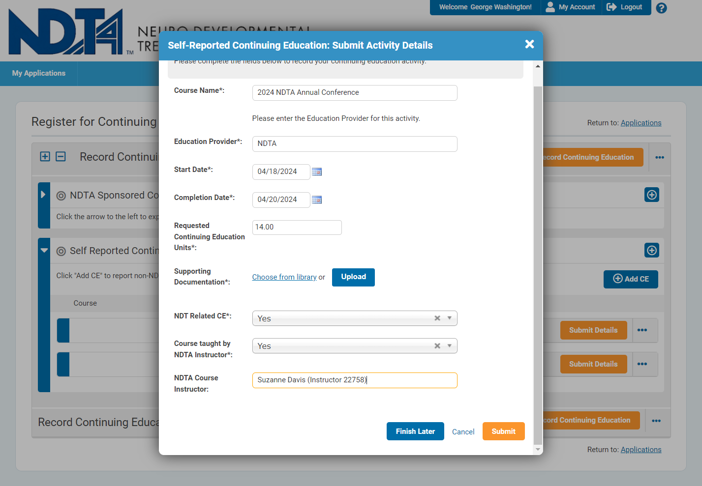 Once all fields are complete, click submit and the hours will be reflected on your application.