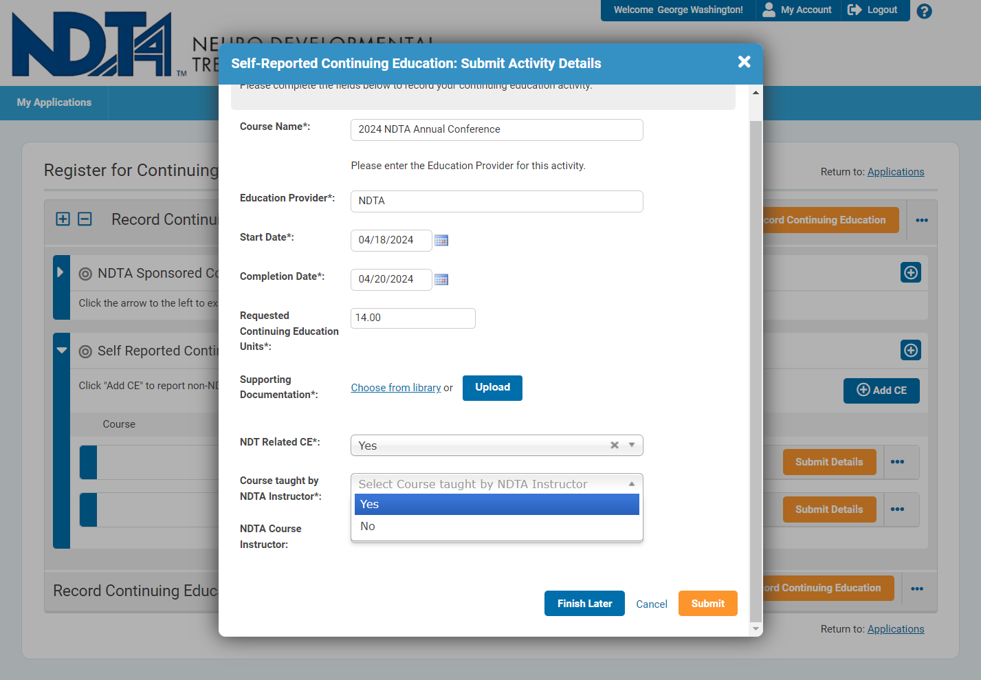 Click on Self-Reported Continuing Education: Submit Activity Details…