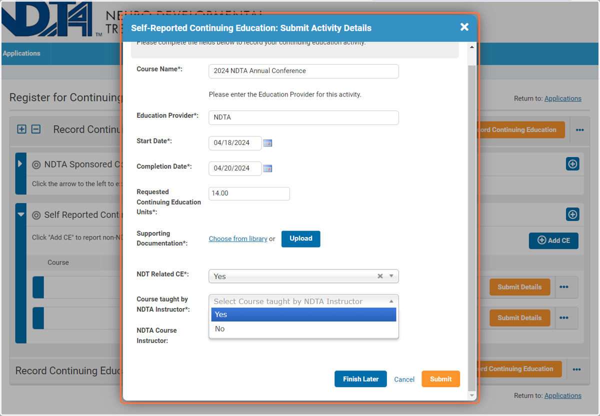 Click on Self-Reported Continuing Education: Submit Activity Details…