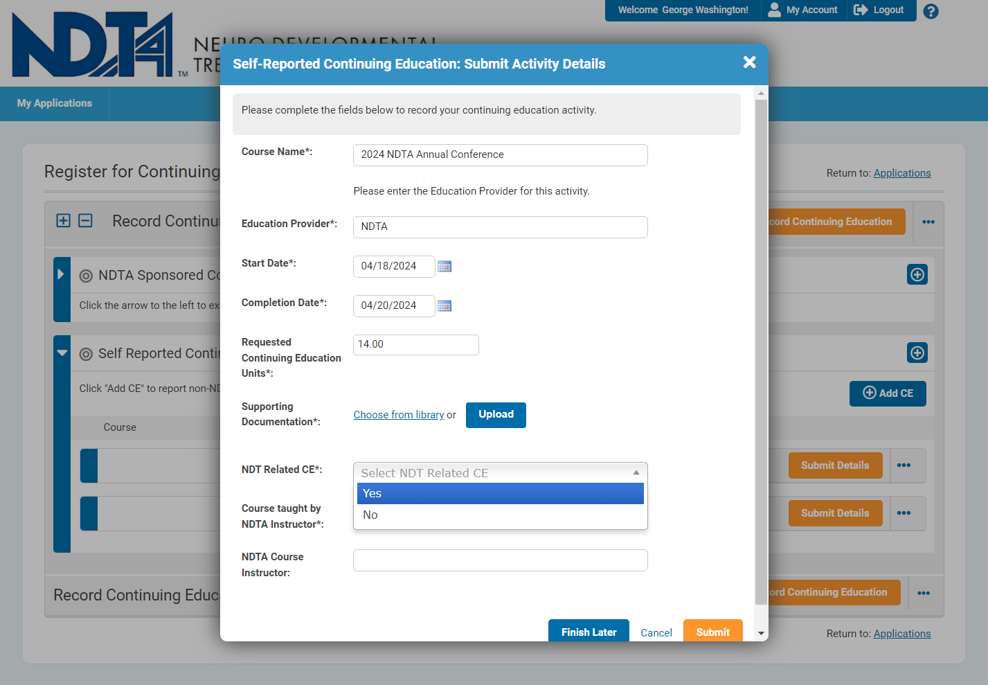 Click on Self-Reported Continuing Education: Submit Activity Details…
