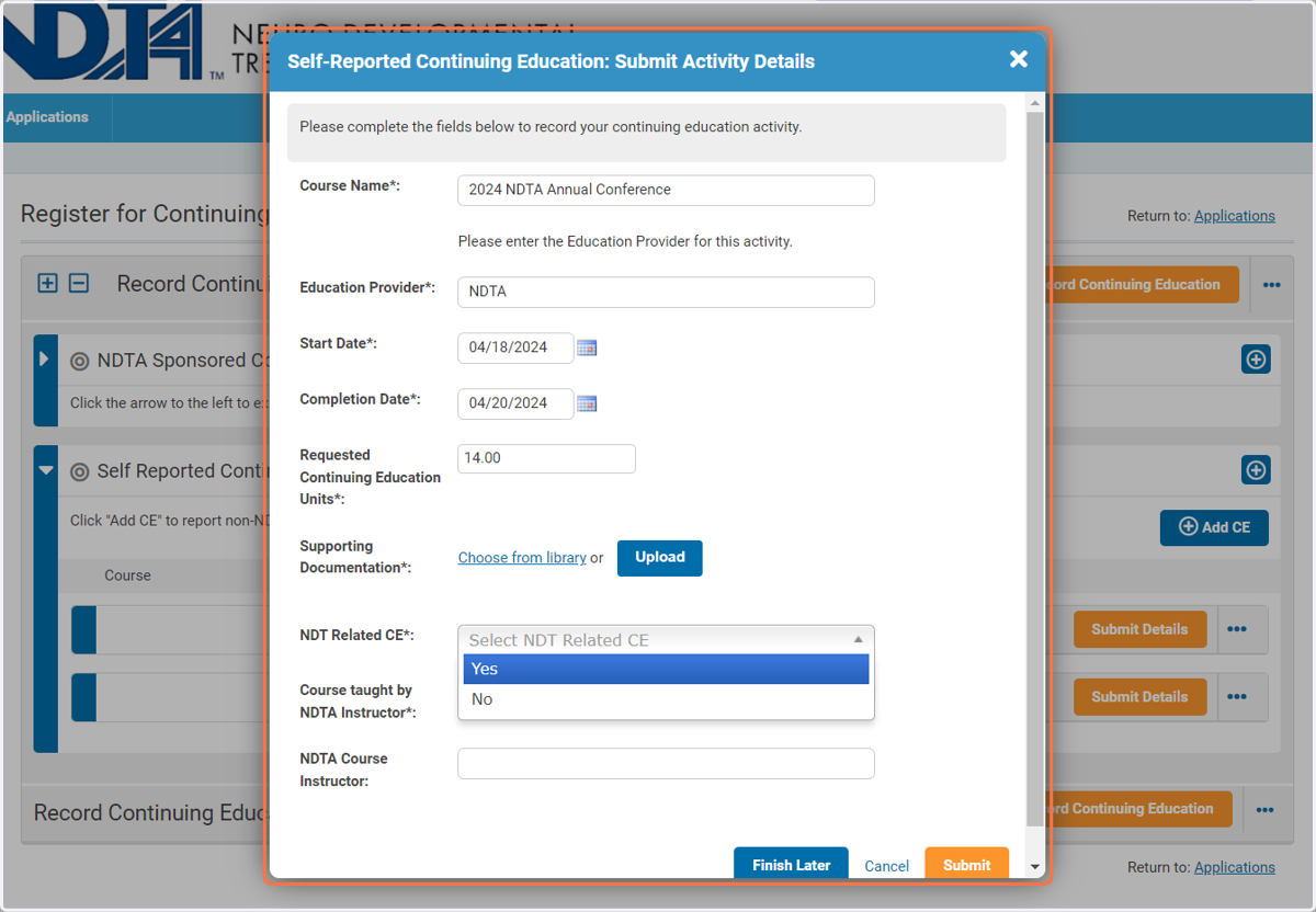 Click on Self-Reported Continuing Education: Submit Activity Details…