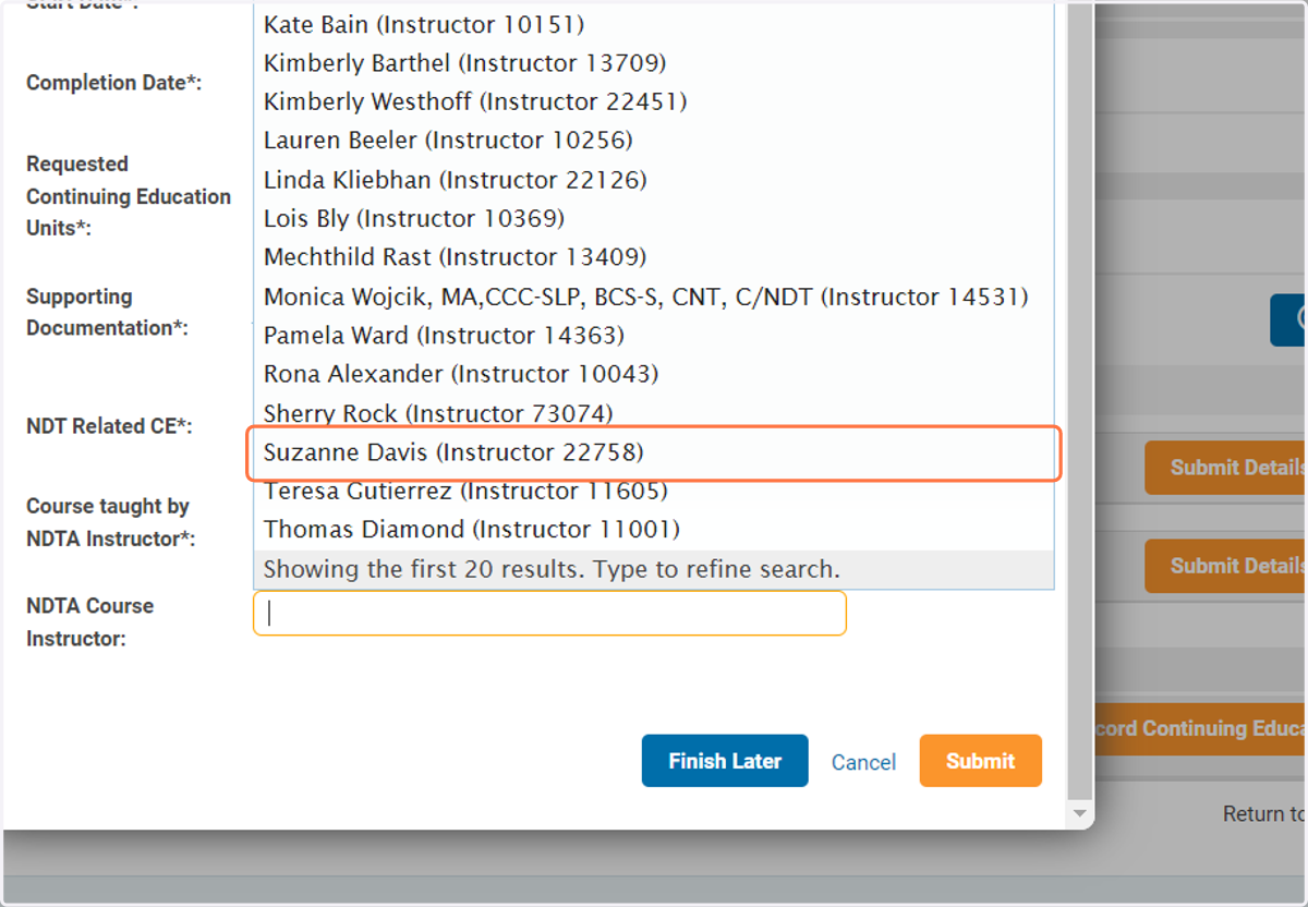 If a course is taught by an NDTA instructor please choose the instructor from the drop down menu next to NDTA Course Instructor