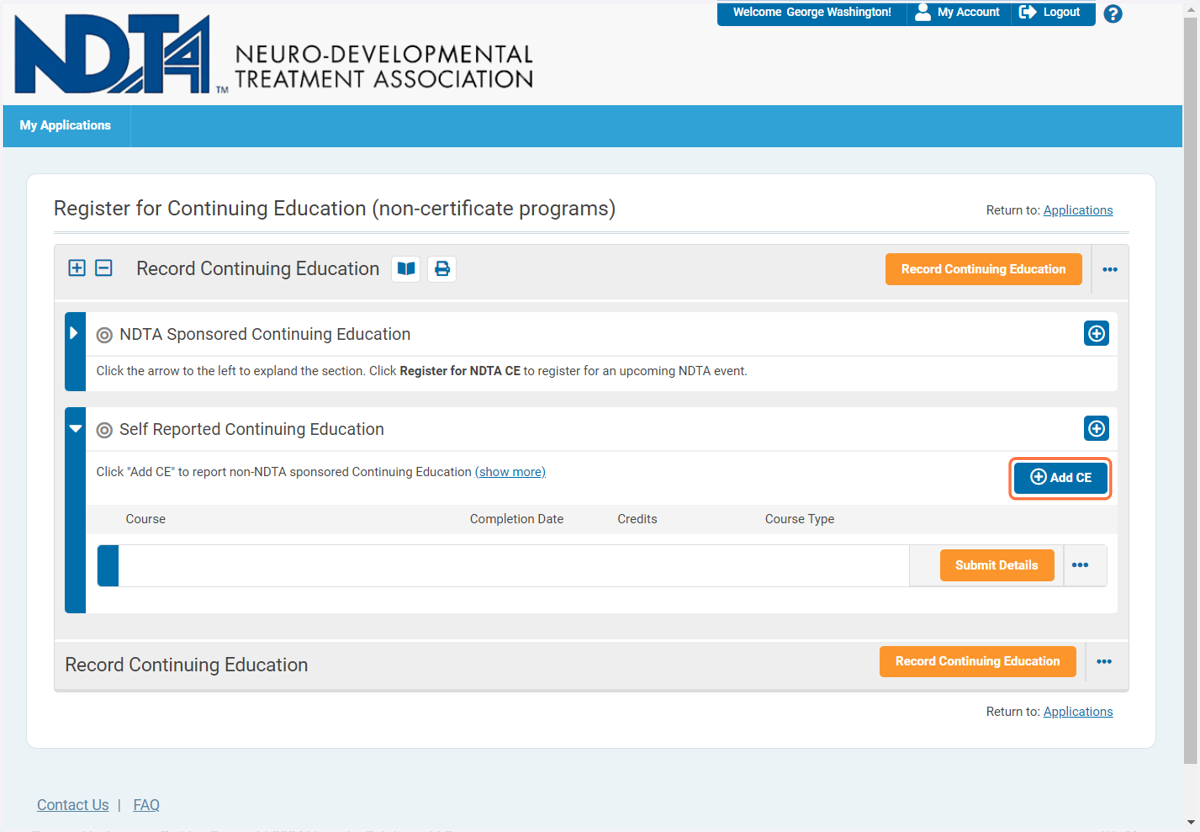 Click on Add CE under Self Reported Continuing Education