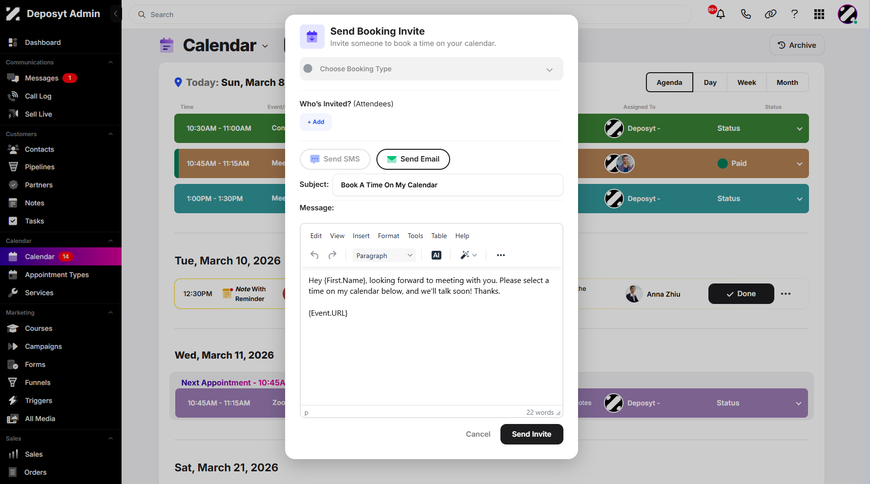 Step 7: You can also choose between SMS or Email Booking Invite.