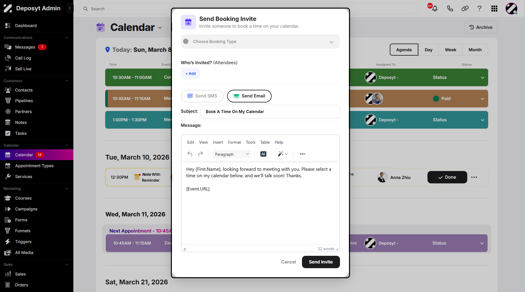 Step 7: You can also choose between SMS or Email Booking Invite.