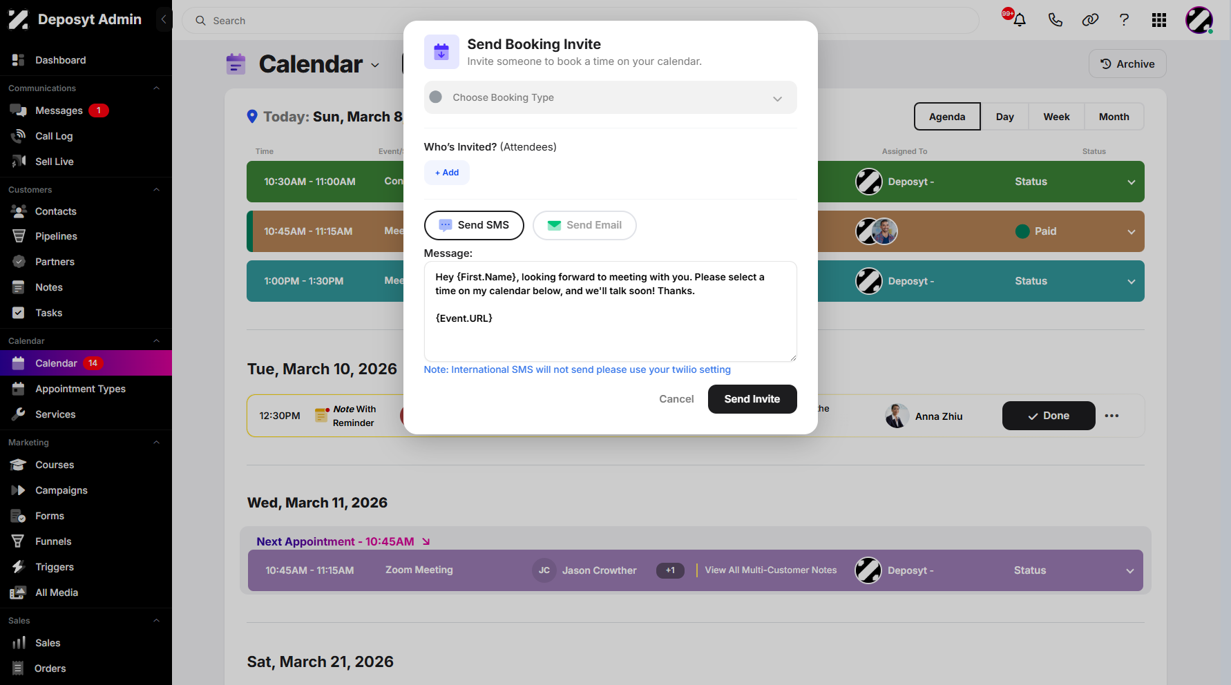 Step 6: The Send Booking Invite window will appear, prompting you to configure the booking invite.