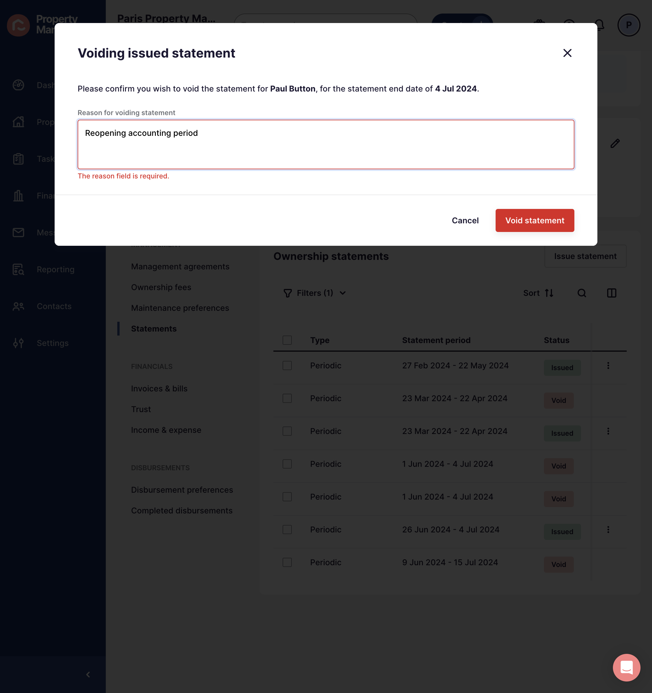 Add the reason for voiding the statement > select Void Statement