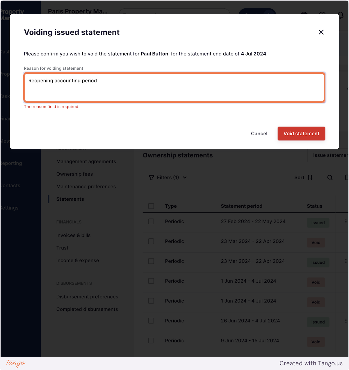 Add the reason for voiding the statement > select Void Statement