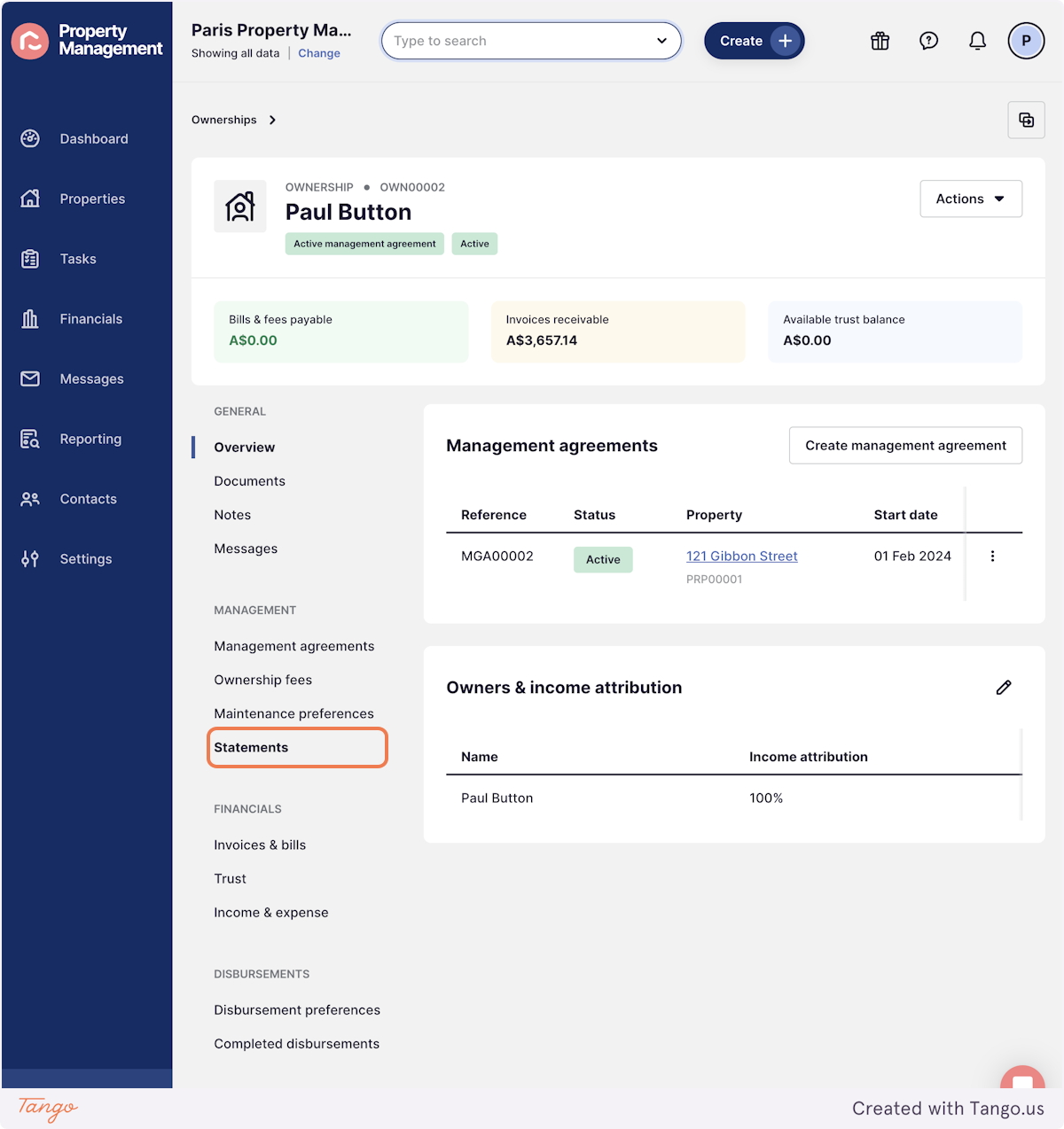 From the Ownership Record, select Statements