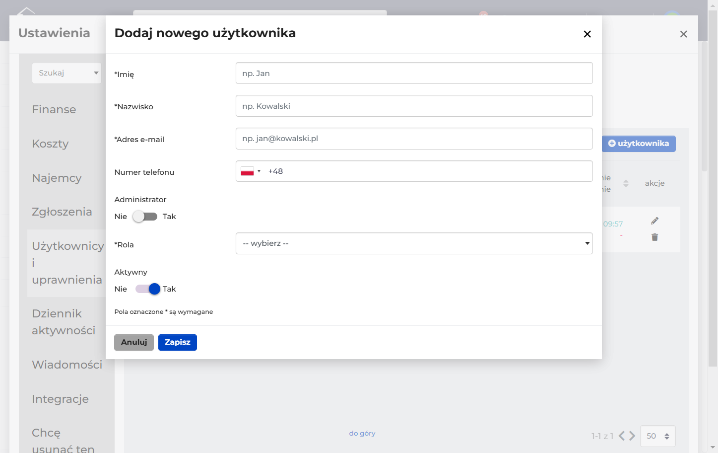Uzupełnij dane nowego użytkownika