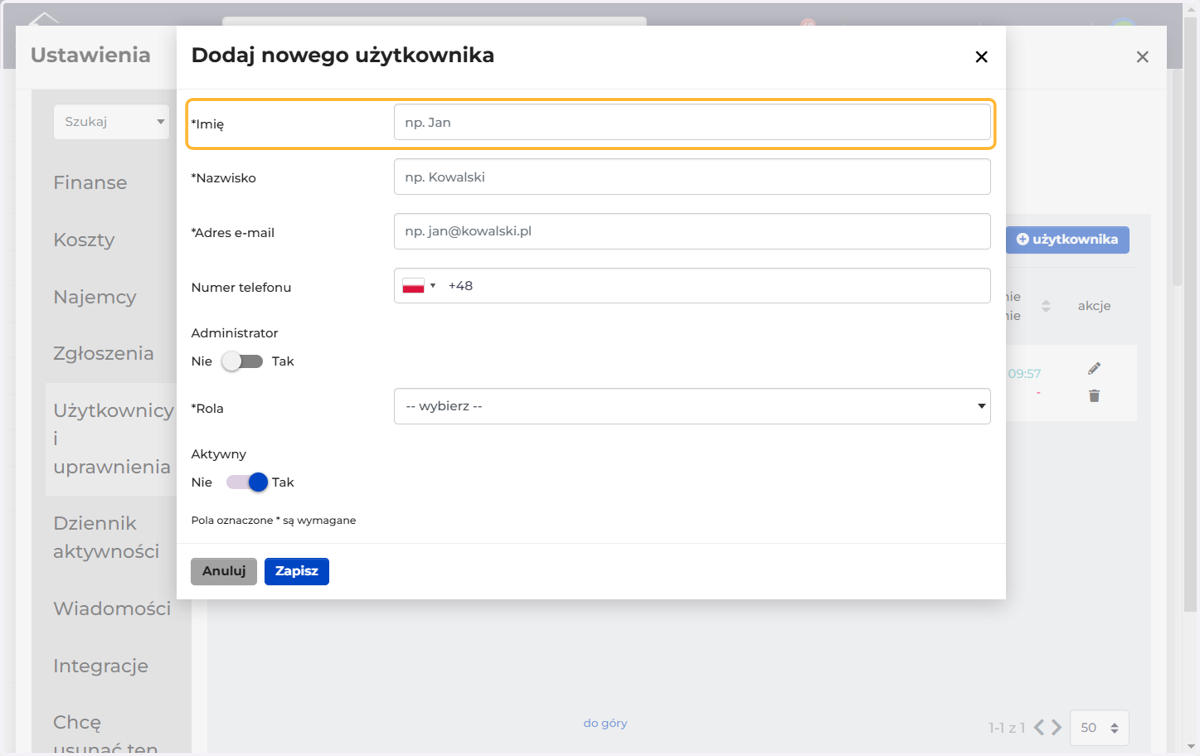 Uzupełnij dane nowego użytkownika
