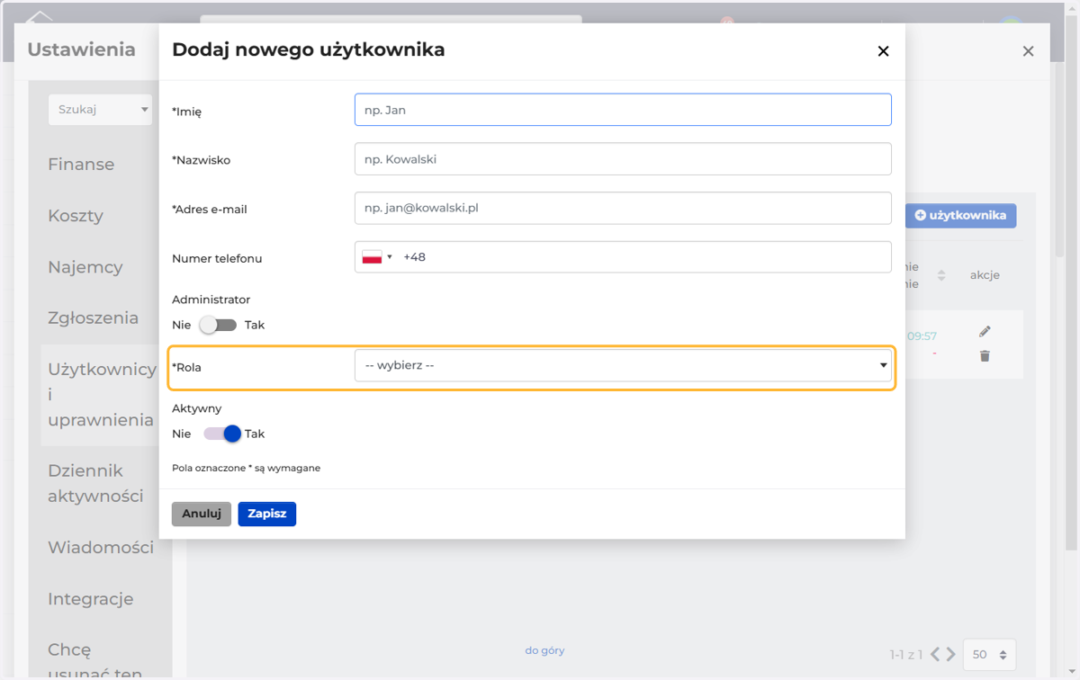 Lub wybierz rolę użytkownika
