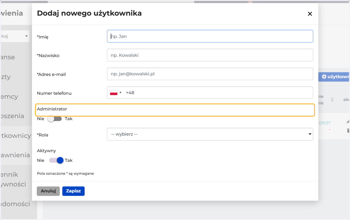 Jeśli chcesz aby użytkownik miał uprawnienia administratora zaznacz "Tak"
