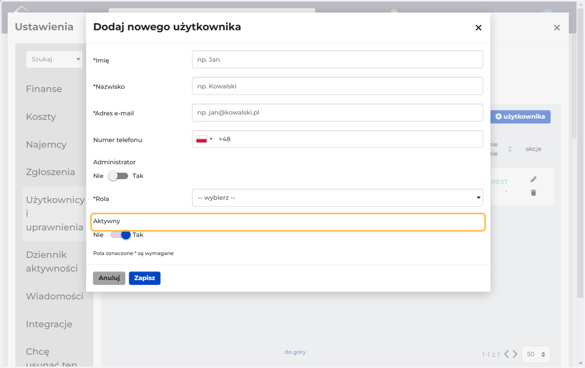 W tym miejscu możesz zaznaczyć, czy konto użytkownika będzie aktywne