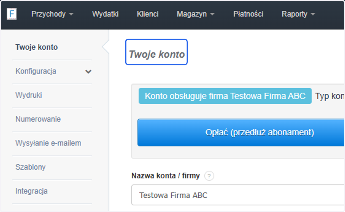 System przekieruje Ci臋 na stron臋 'Twoje konto', gdzie dost臋pna jest do aktywacji opcja automatycznej fiskalizacji.