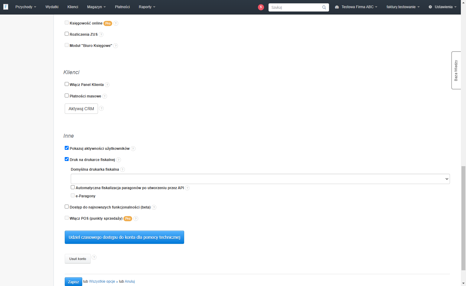 Aby móc aktywować automatyczną fiskalizację, na koncie musi być aktywna opcja 'Druk na drukarce fiskalnej'.