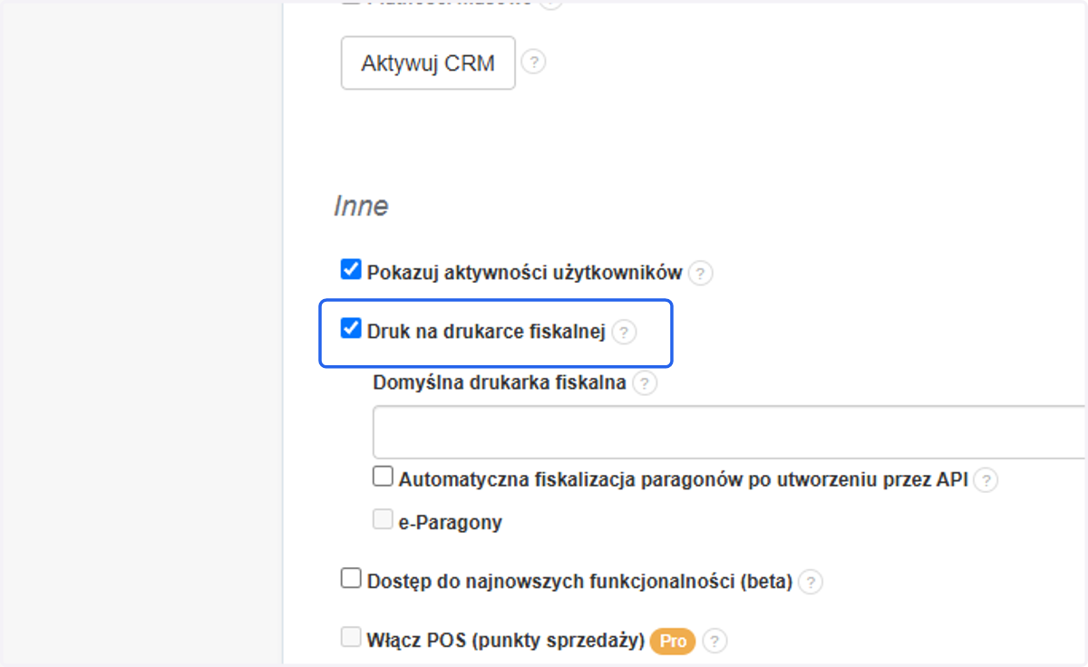 Aby m贸c aktywowa膰 automatyczn膮 fiskalizacj臋, na koncie musi by膰 aktywna opcja 'Druk na drukarce fiskalnej'.