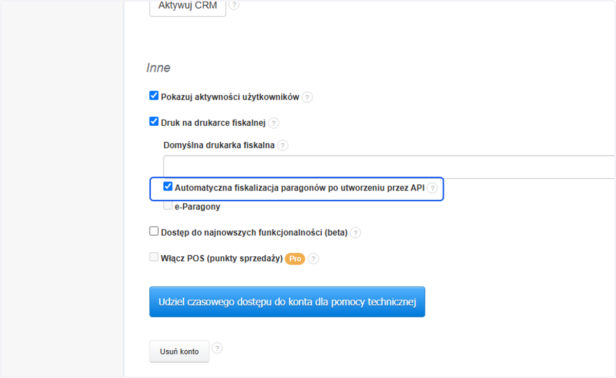 Zaznacz checkbox przy opcji 'Automatyczna fiskalizacja paragon贸w po utworzeniu przez API'.