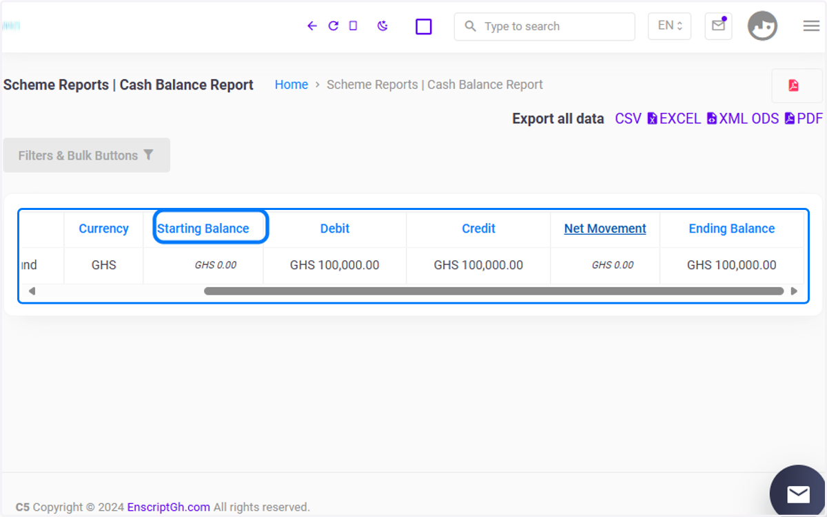 Starting Balance Column
