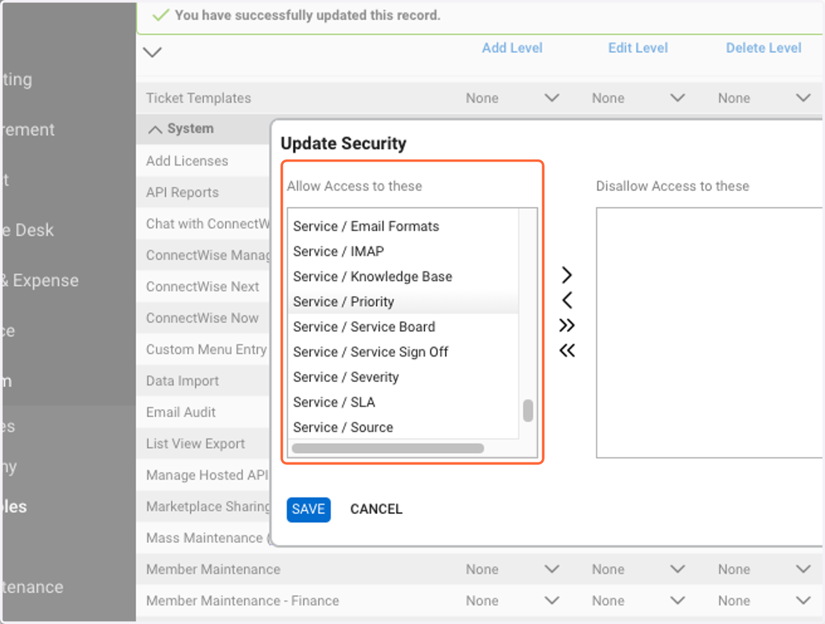 Ensure that Service / Priority, Service / Service Board, Service / Severity, and Service / Source are all "Allowed"