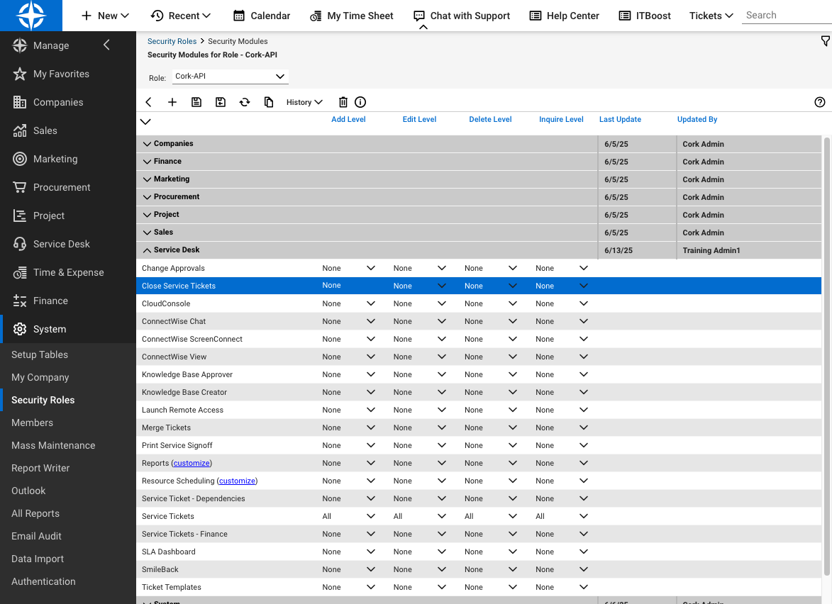 Select "All" for Close Service Tickets Edit Level