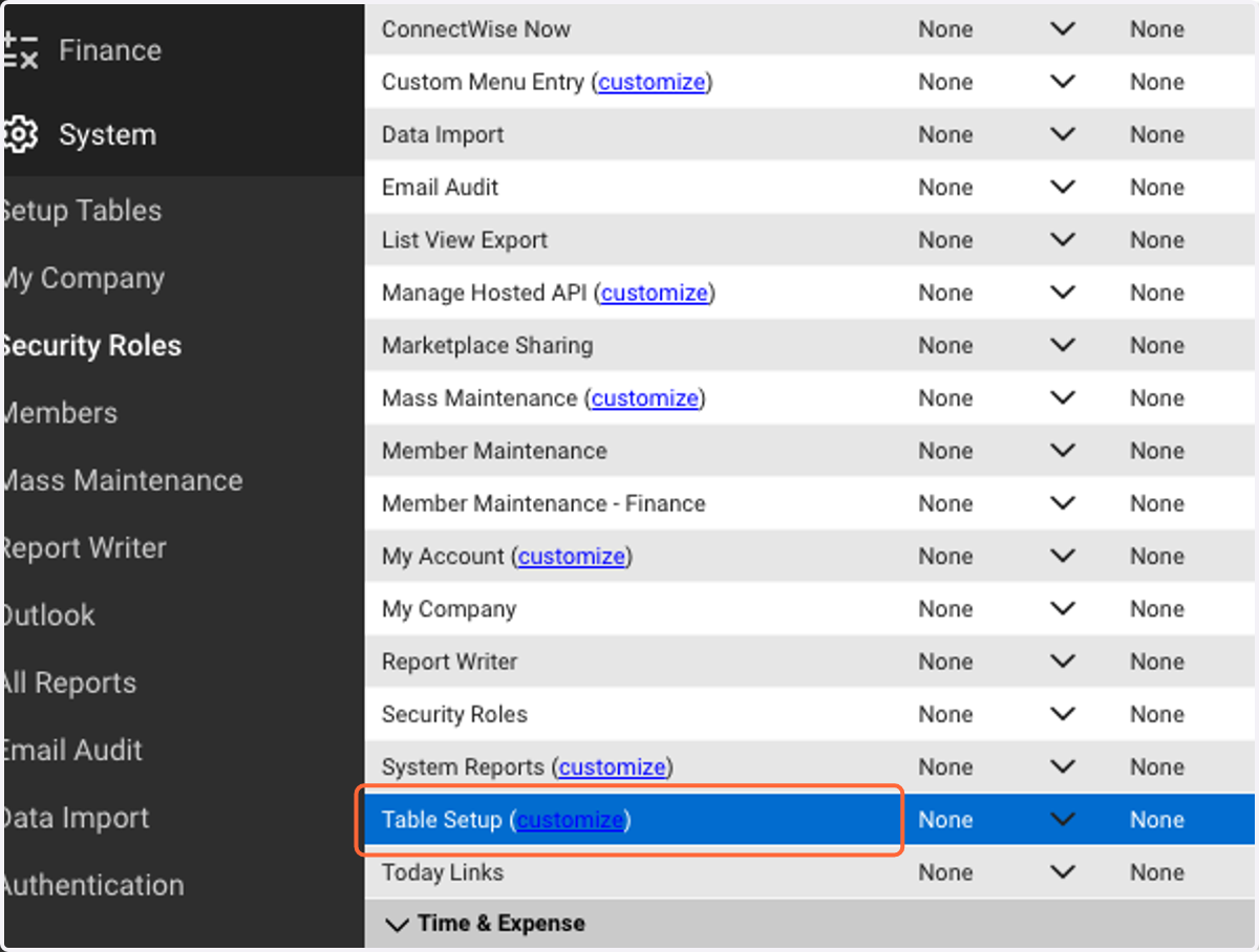 Click on Table Setup (customize)
