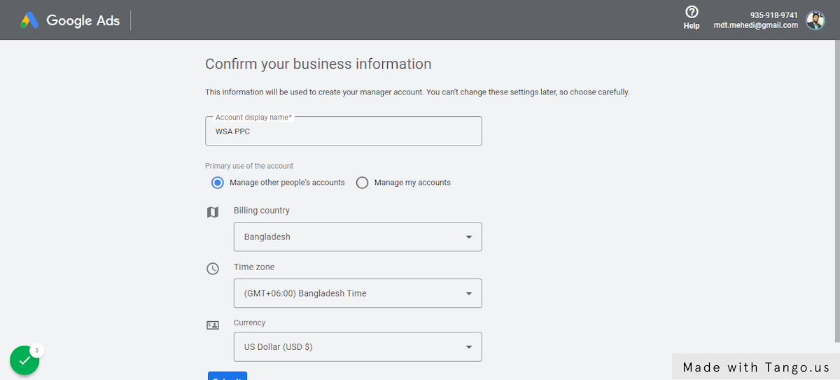 Click on Confirm your business information…