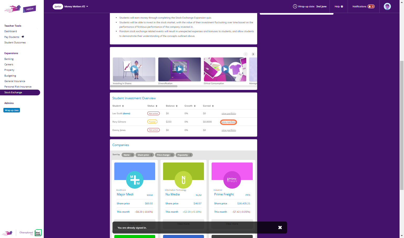 Scroll down to view the Student Investment Overview. You can click on view portfolio to see the full detail of each students investments.