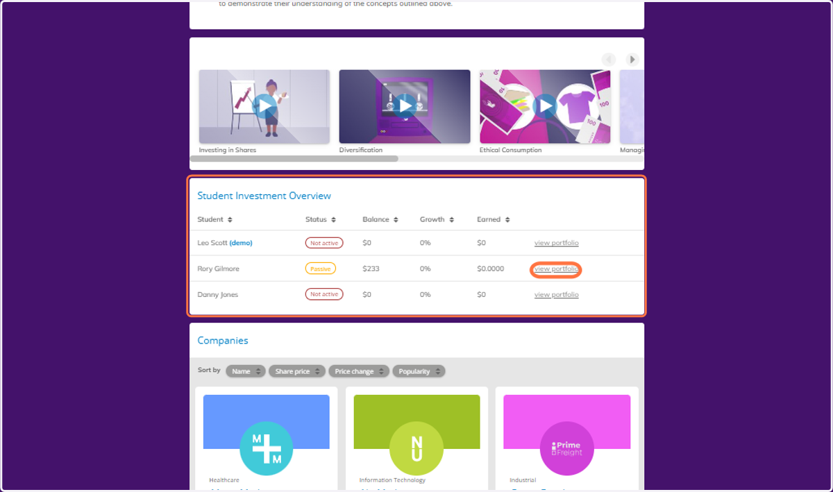 Scroll down to view the Student Investment Overview. You can click on view portfolio to see the full detail of each students investments.