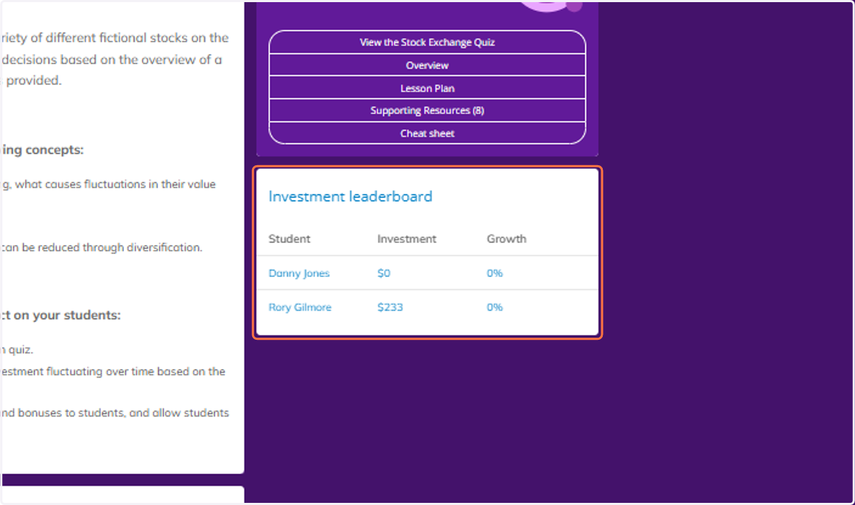 Finally you can see a view of the Investment leaderboard for your class.