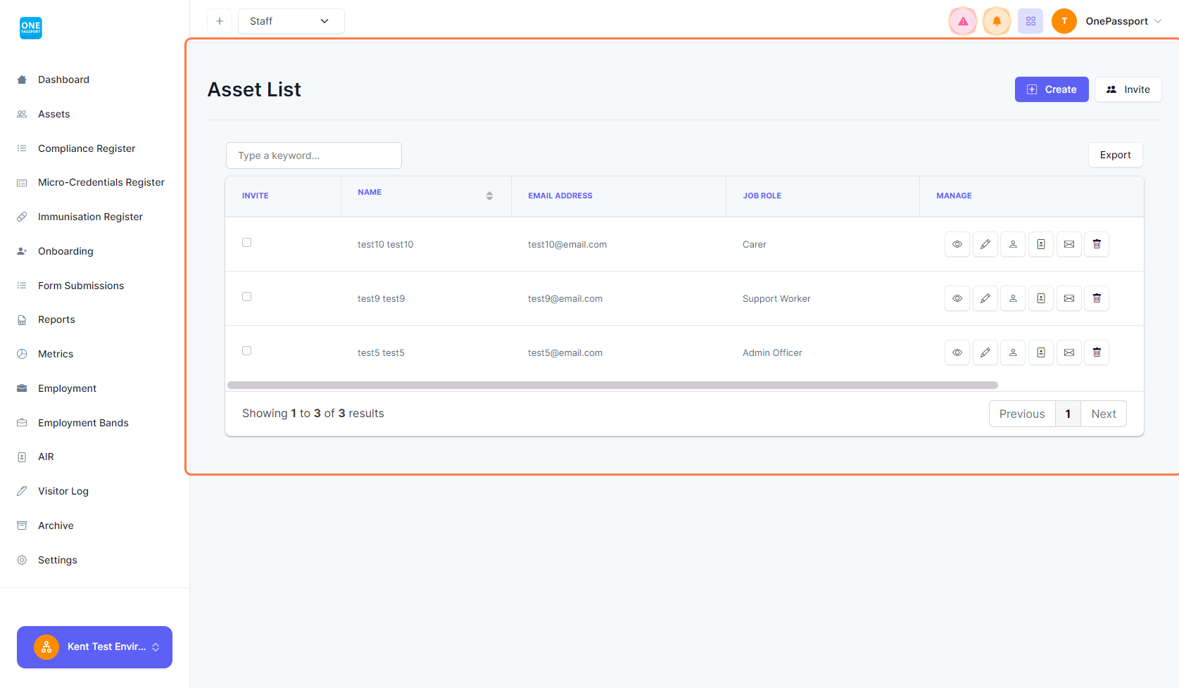 The page should give you the Asset List where you can see the different columns like Name, Email Address, and Job Role. Under the Manage column are the buttons to view personal information, Edit, go to the Profile page, Invite, and Delete asset/workers.
