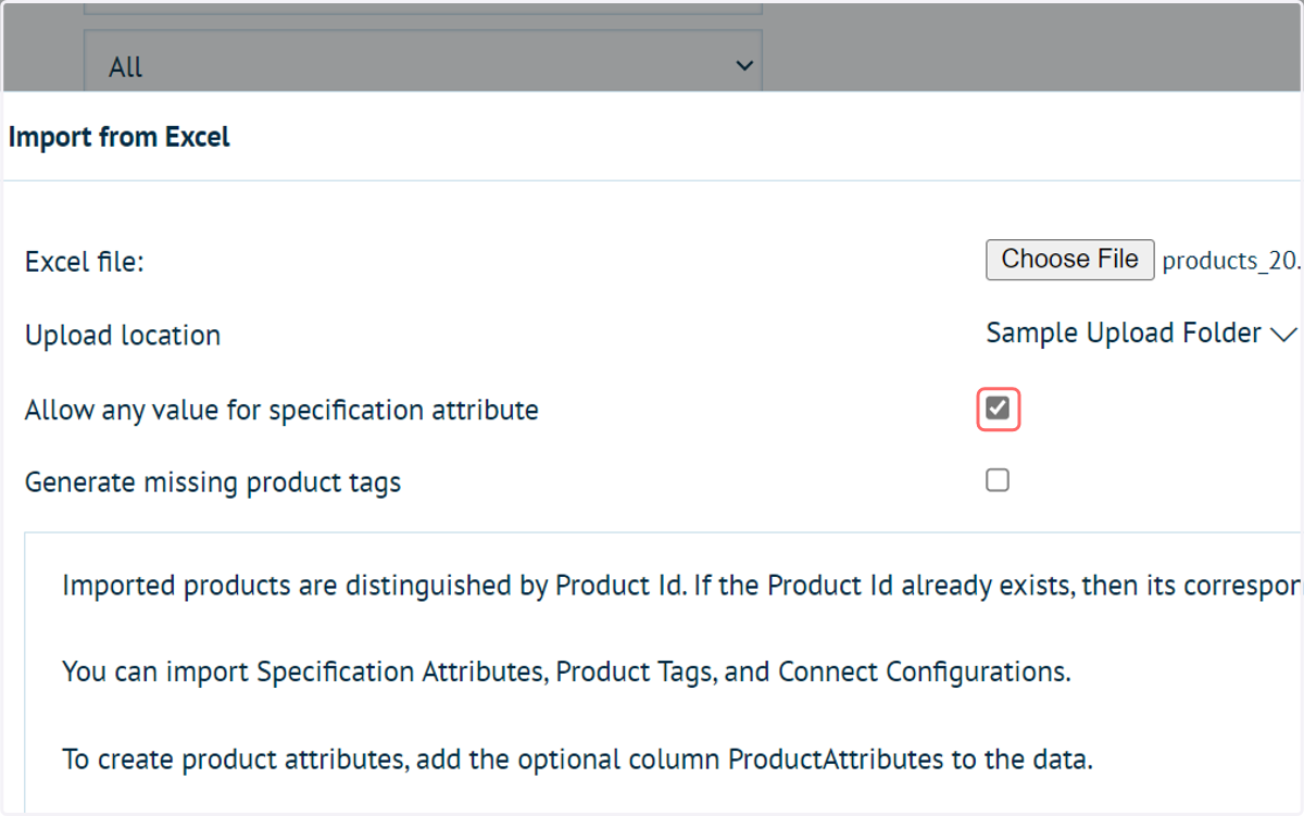 Check Allow any value for specification attribute