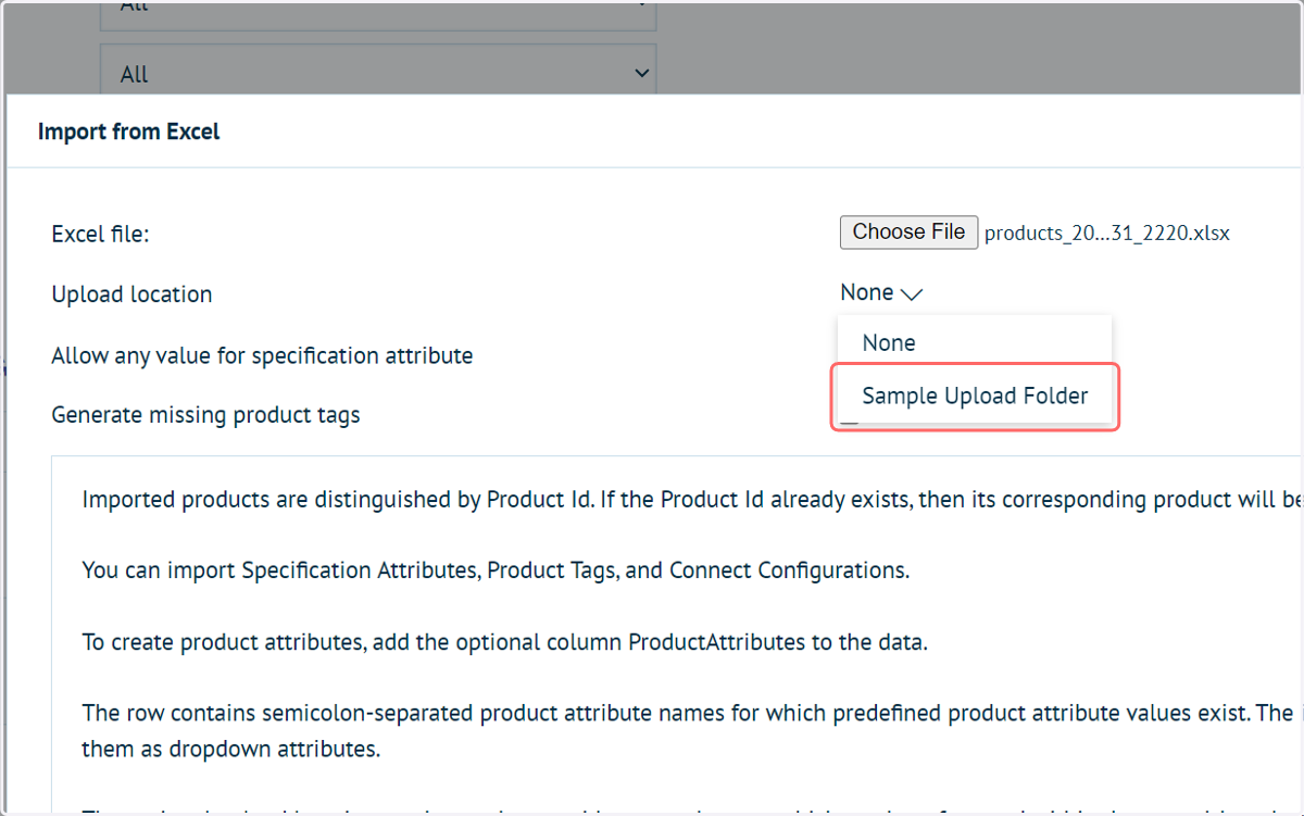 Select the corresponding upload location