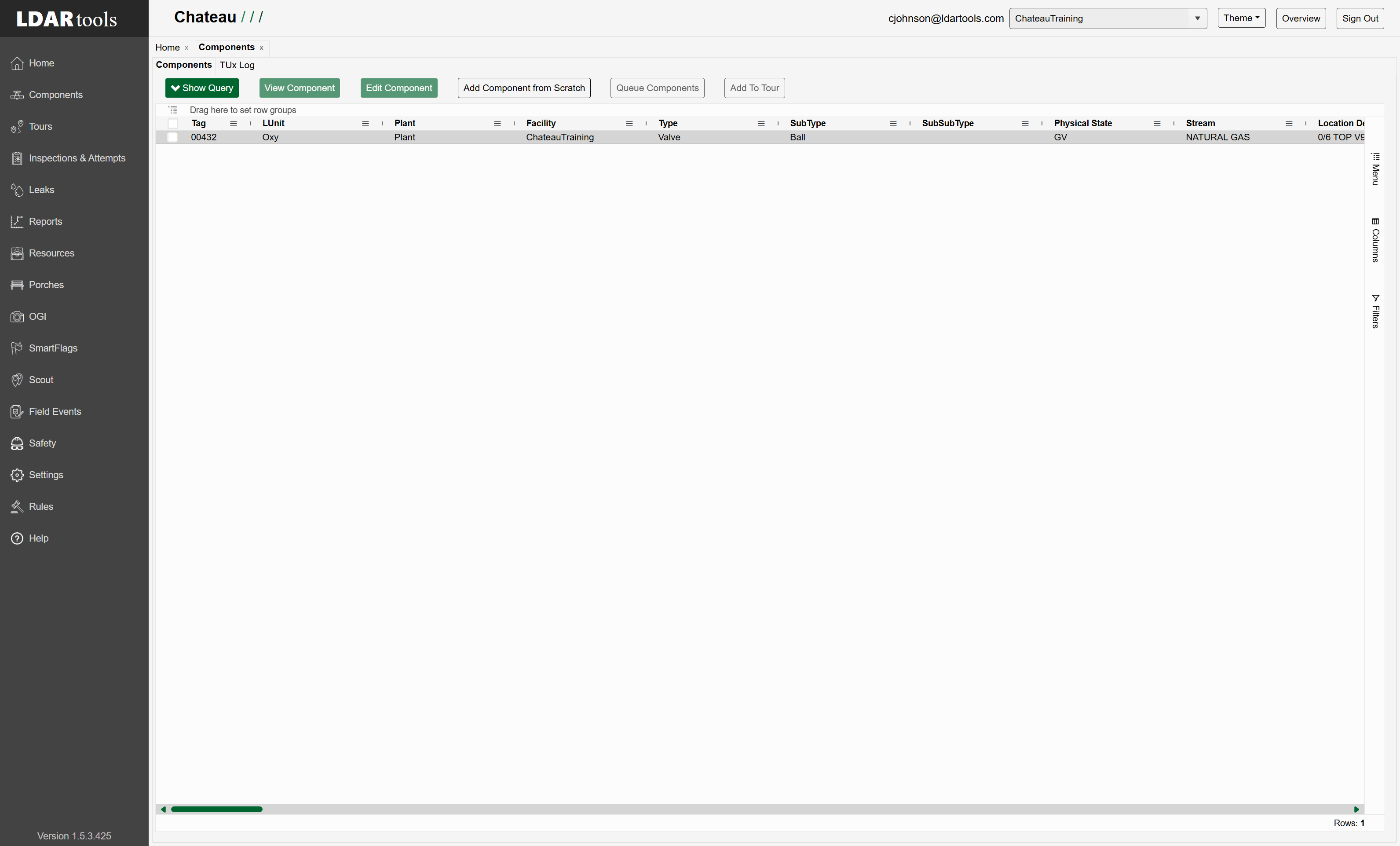 Click on the row to select that component.