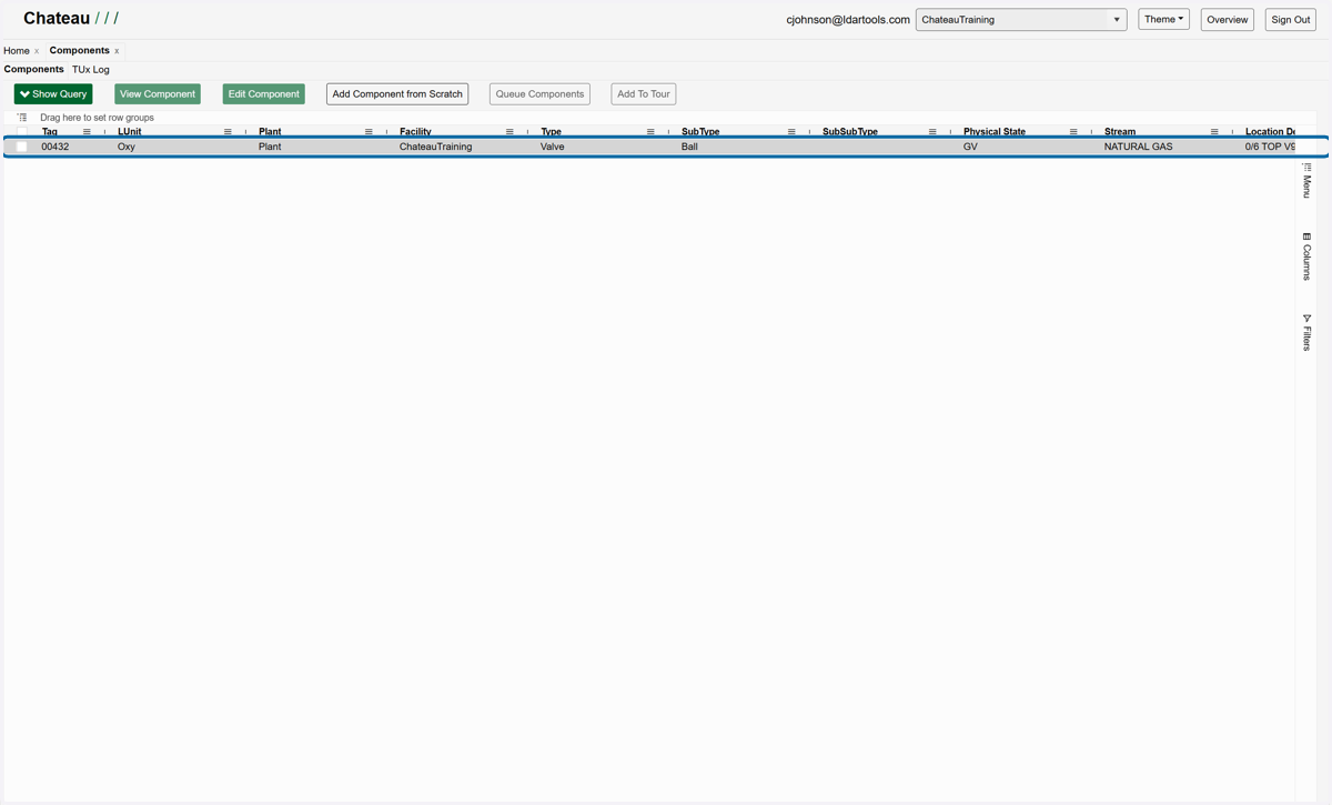 Click on the row to select that component.