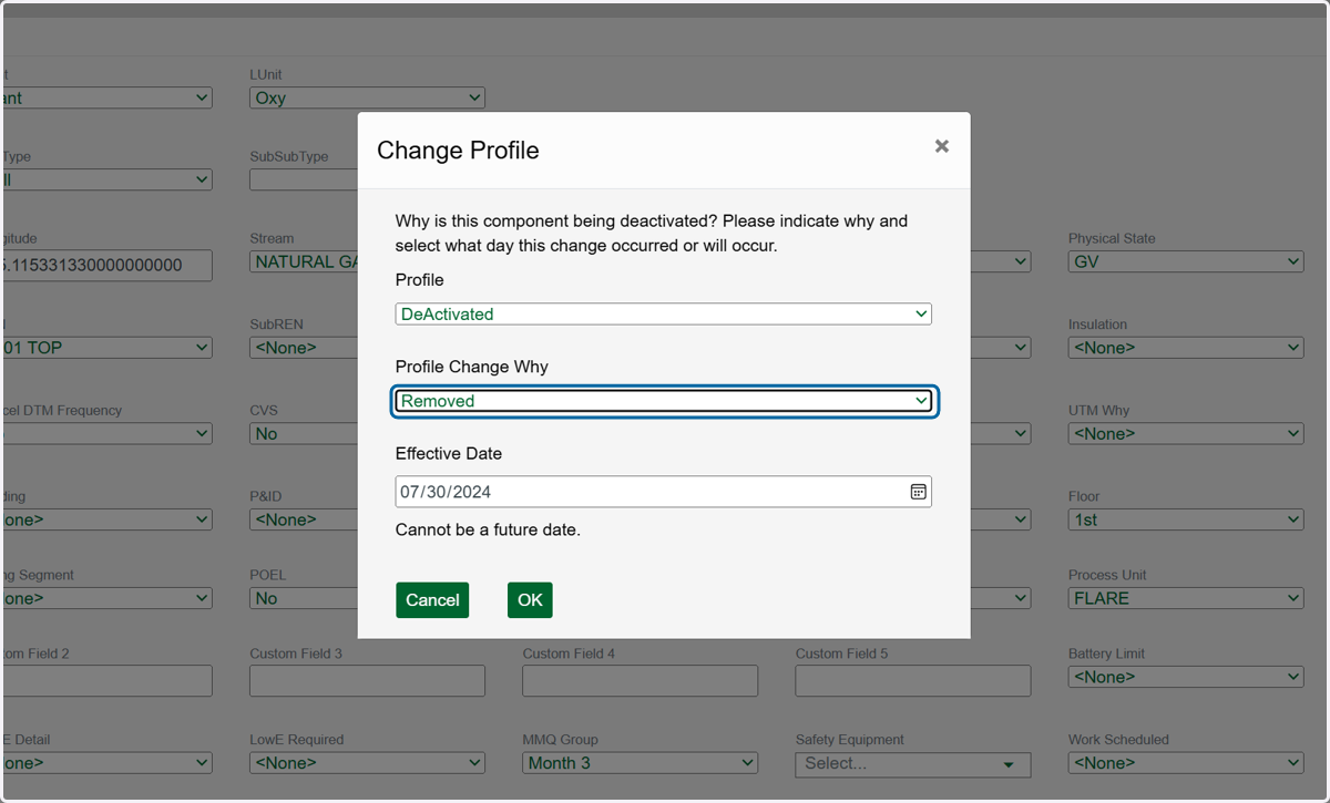 Select the reason for deactivation in the Profile Change Why dropdown.