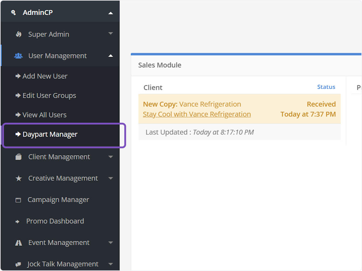 Click on  Daypart Manager